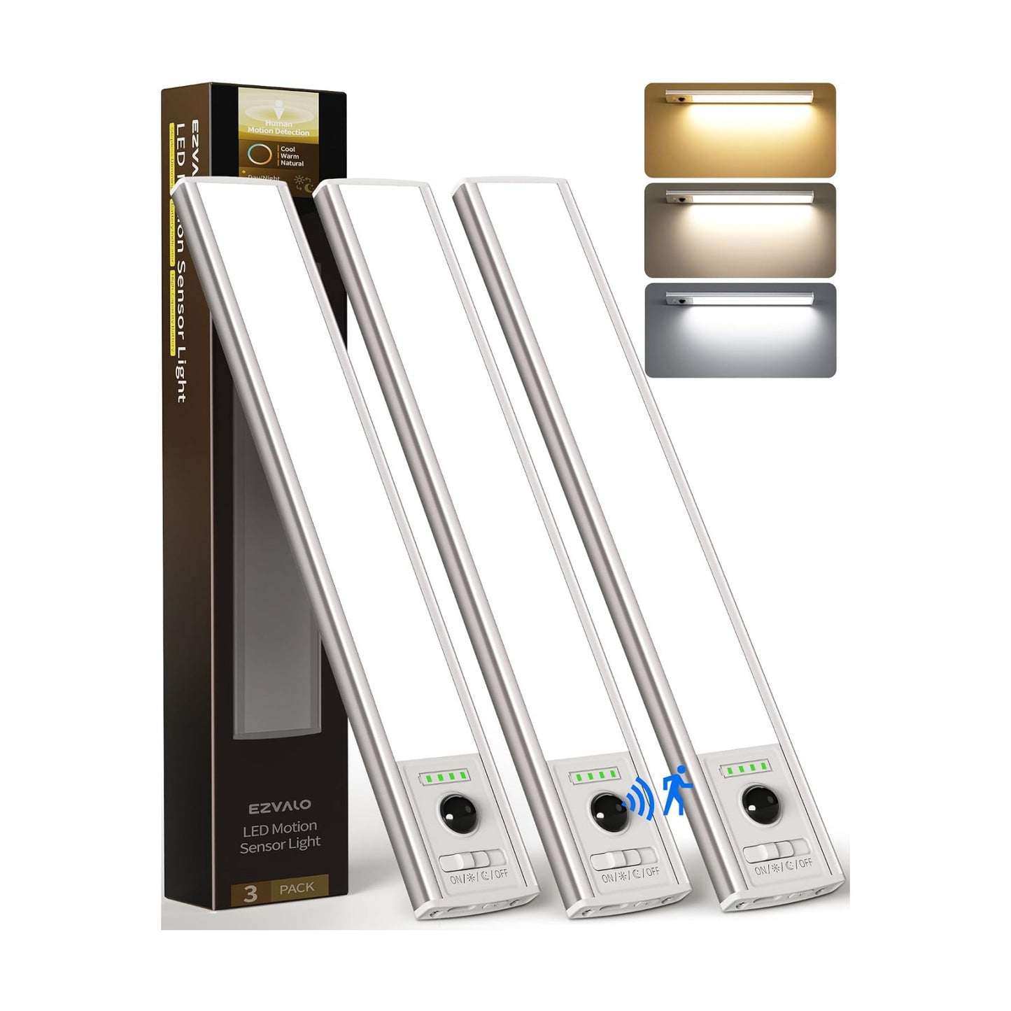 EZVALO 3 Pack Under Cabinet Lighting Wireless with Battery Indicator, 2000mAh Rechargeable Motion Sensor Light Indoor