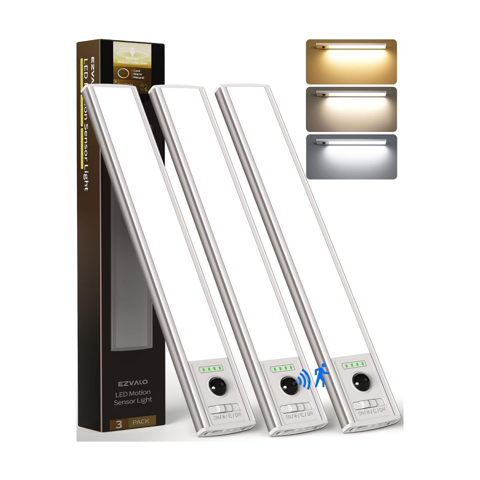 EZVALO 3 Pack Under Cabinet Lighting Wireless with Battery Indicator, 2000mAh Rechargeable Motion Sensor Light Indoor
