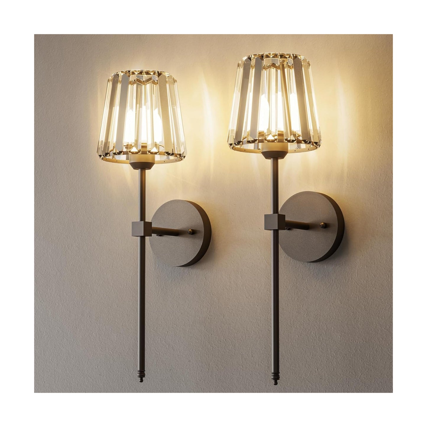 Crystal Battery Operated Wall Sconces Set of 2, Black Rechargeable Wireless Wall Sconce Lights with Crystal Lampshade