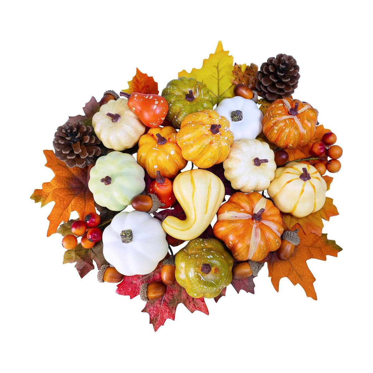 Winlyn 46 Pcs Assorted Small Artificial Pumpkins and Gourds with Acorns Pinecones Maple Leaves Fall Harvest Decor Set for Autumn Party Table Centerpiece Thanksgiving Halloween Wreaths Vase Bowl Filler