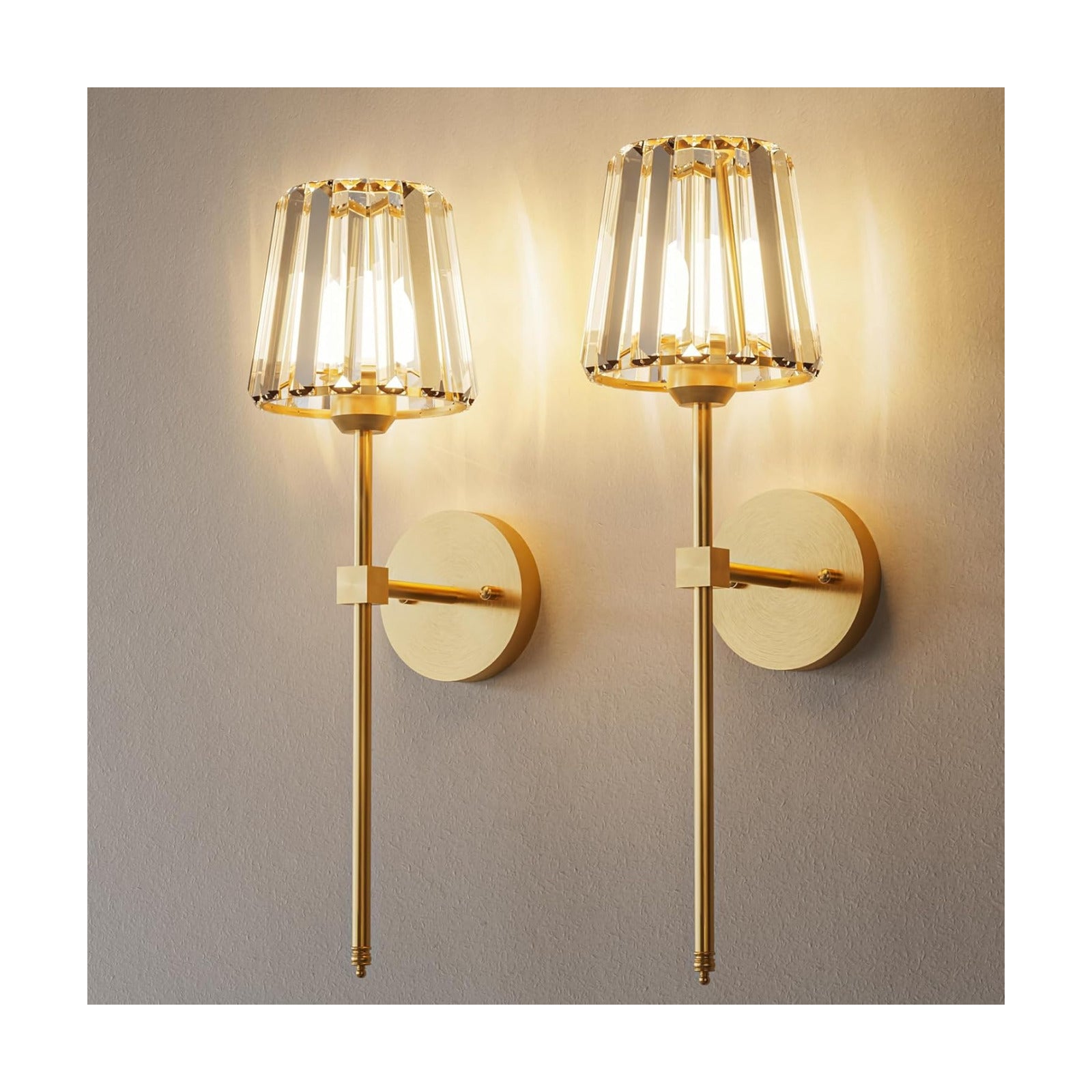 Crystal Battery Operated Wall Sconces Set of 2, Gold Rechargeable Wireless Wall Sconce Lights with Crystal Lampshade