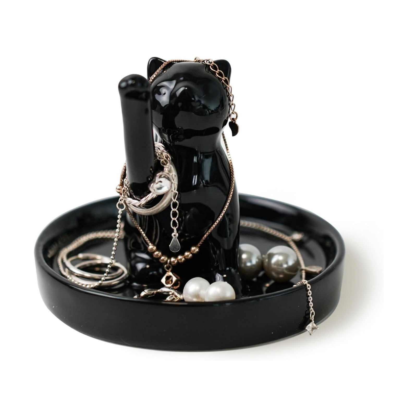 Ceramic Waving Lucky Cat Jewelry Tray / Black