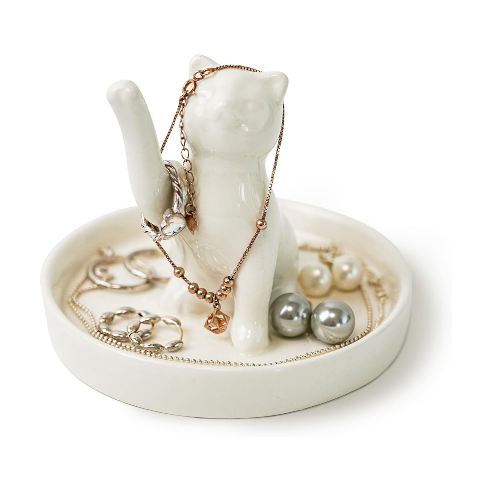 Ceramic Waving Lucky Cat Jewelry Tray / White