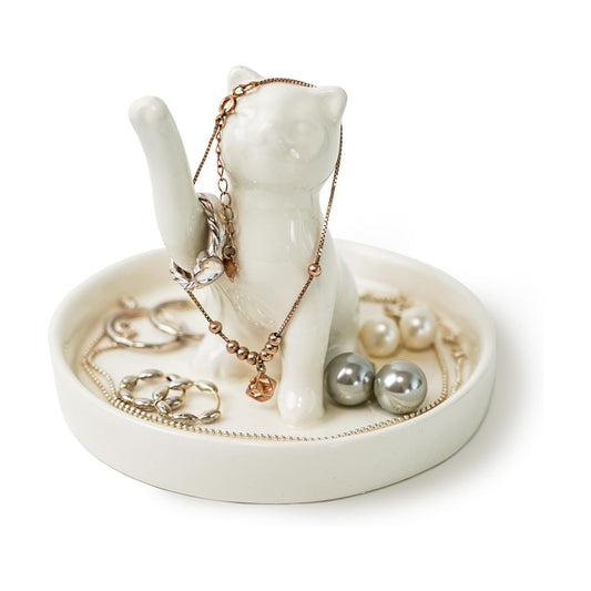 Ceramic Waving Lucky Cat Jewelry Tray / White