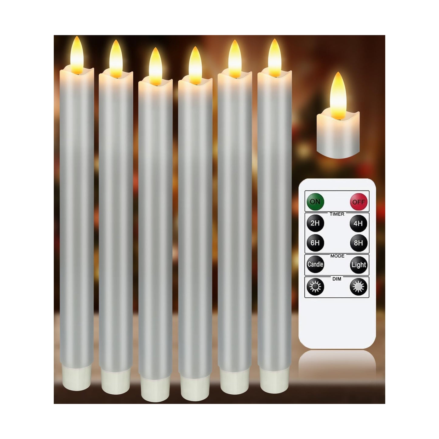 Upgraded Real Wax LED Flameless Grey Taper Candles with Remote, 6 PCS Candlesticks Battery Operated 3D Flickering