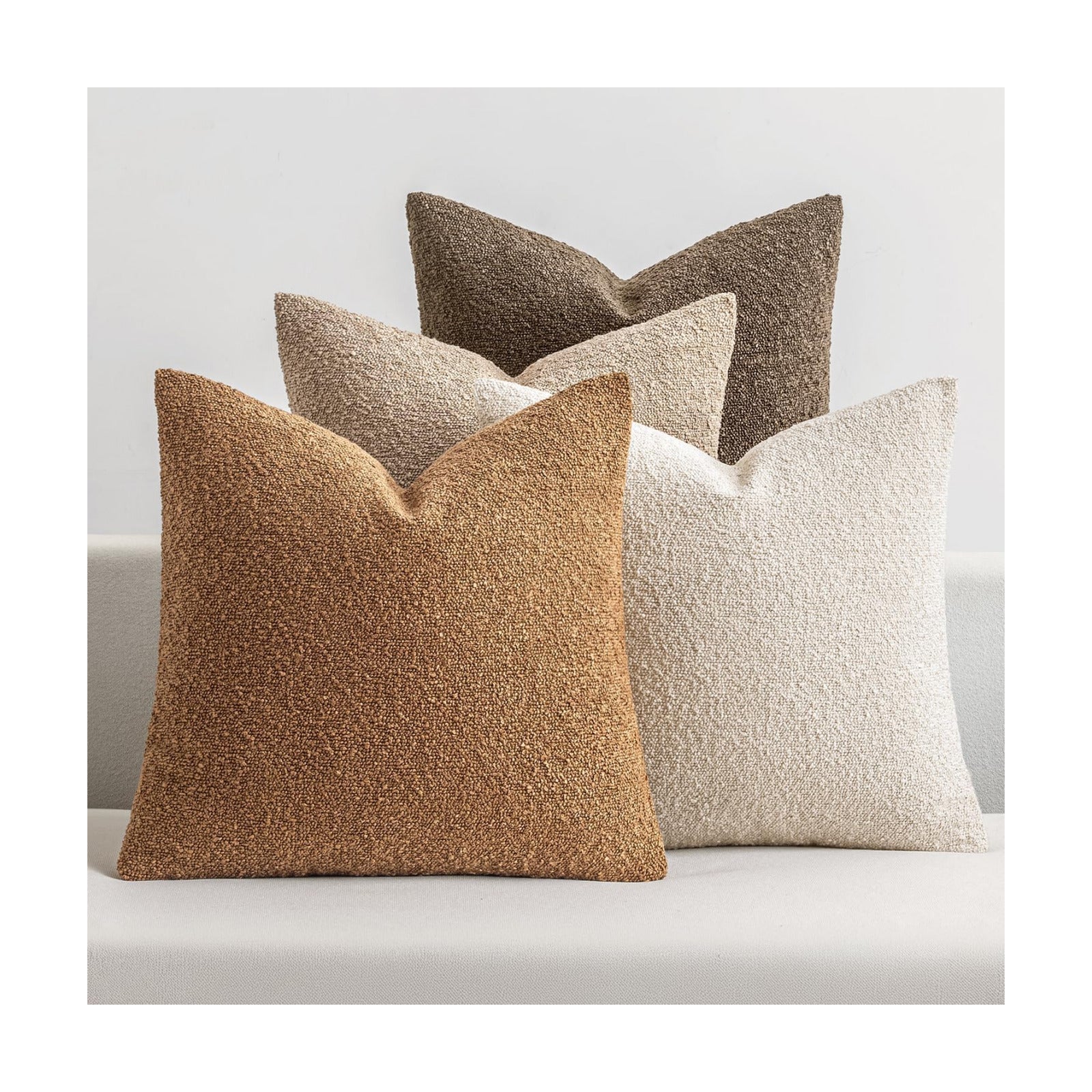 Decorative Textured Boucle Throw Pillow Covers Accent Solid / 18 x 18 / Neutral Brown / Set of 4
