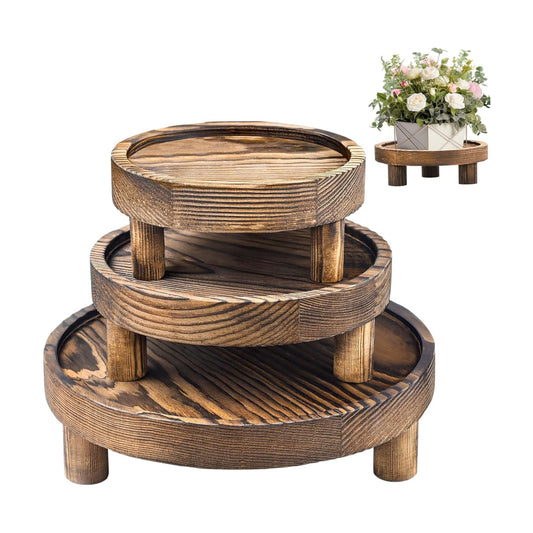 Round Wood Riser Plant Stand 5/6/8" Pedestal Stand / Brown / Set of 3