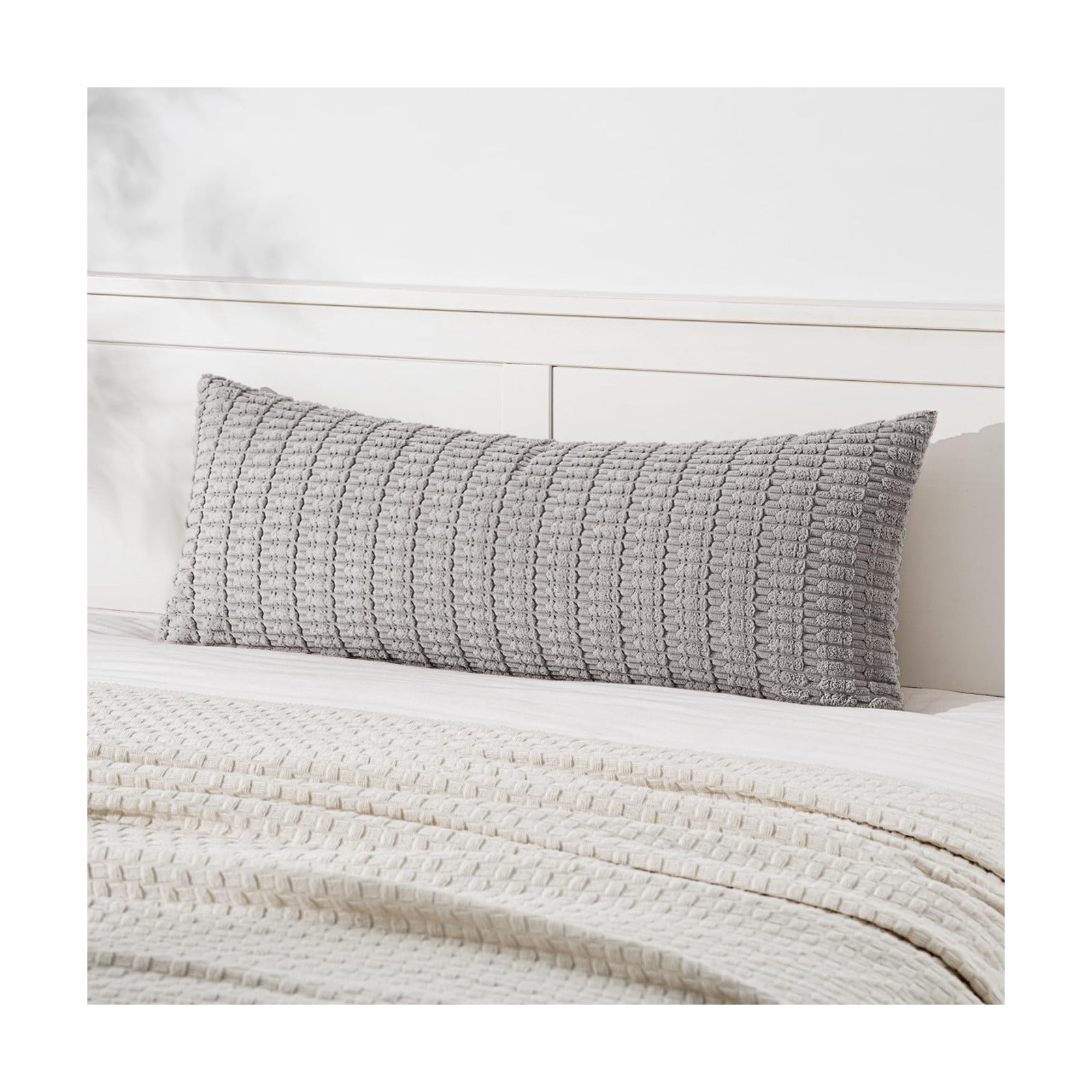 MIULEE Lumbar Corduroy Throw Pillow Cover for Bed 14x36 Light Grey Set of 1
