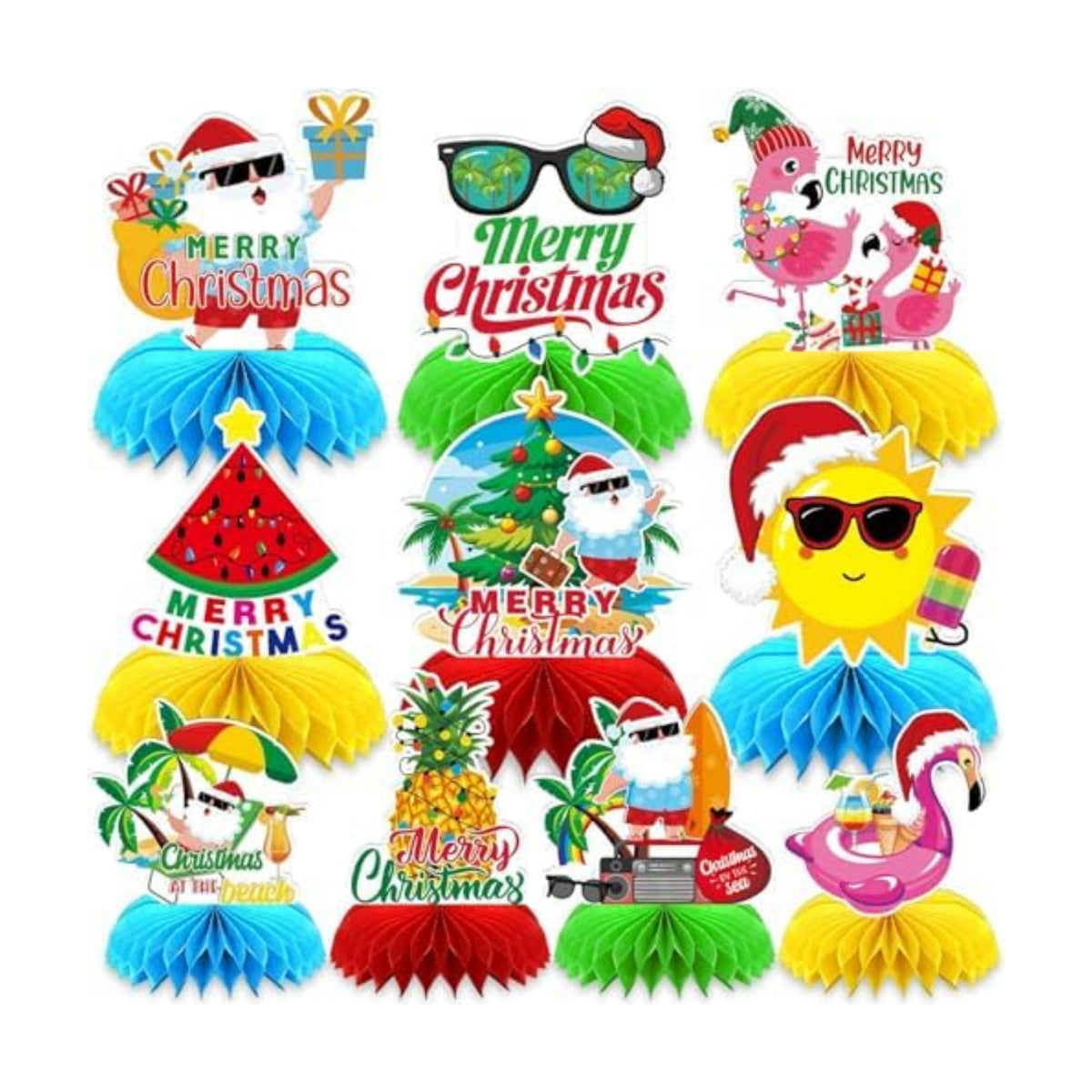 10 Pcs Summer Christmas Decorations, July Summer Christmas Table Honeycomb Hawaiian Christmas Party Toppers Summer Beach Decorations for Christmas Holiday Supplies