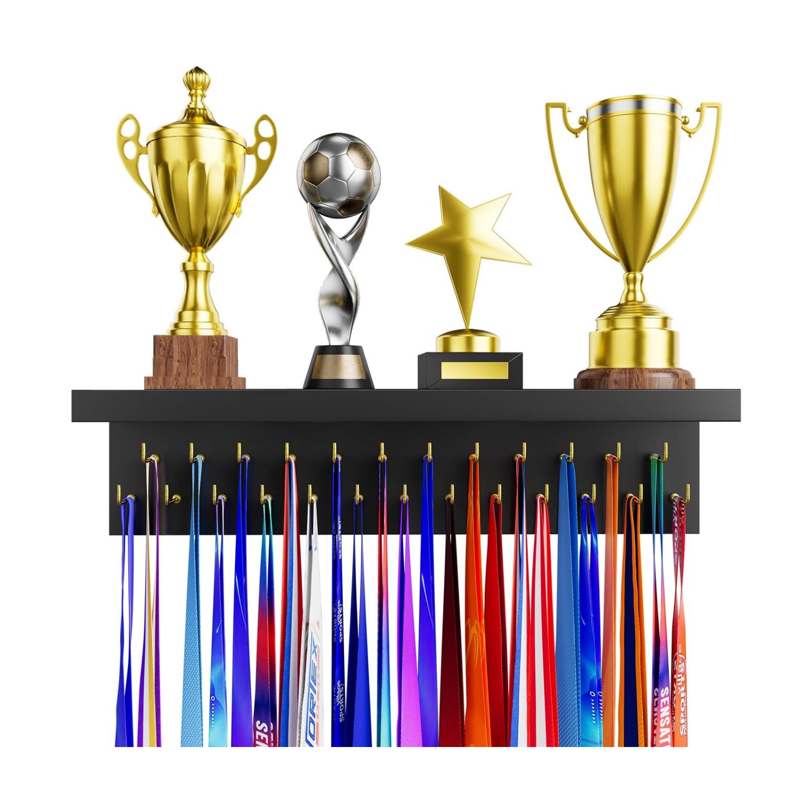 Medal Holder Display Trophy Shelf Organizer, Sturdy Wooden Race Award Hanger Rack with 25 Steel Hooks, Wall Mount