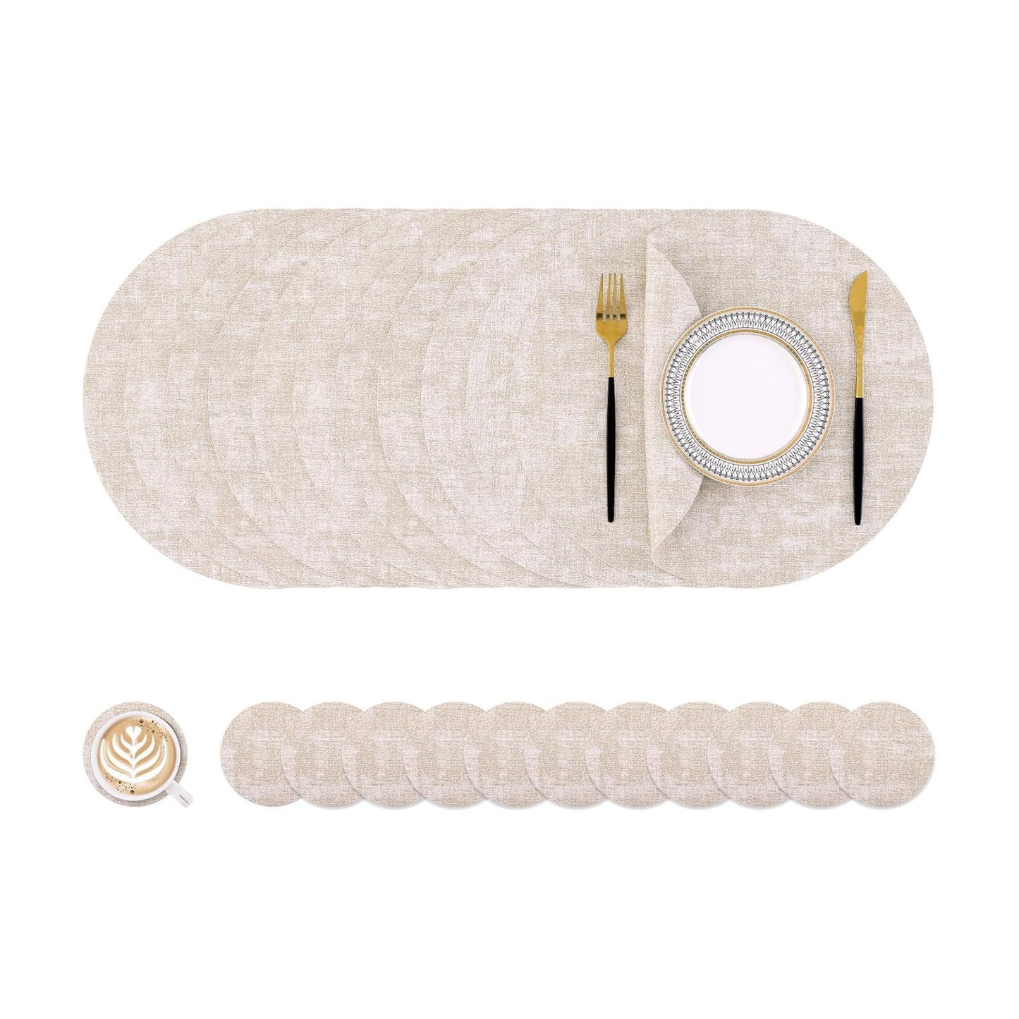 Homaxy Round Faux Leather Placemats and Coasters, Set of 12, Beige | Washable Dual-side Table Mats, Wipeable Place