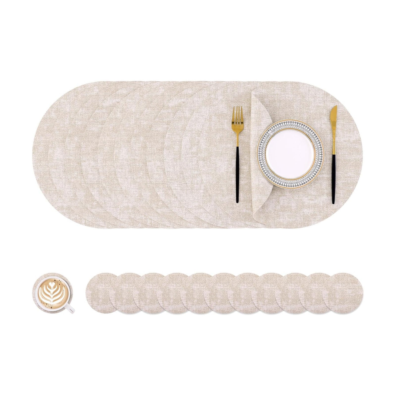 Homaxy Round Faux Leather Placemats and Coasters, Set of 12, Beige | Washable Dual-side Table Mats, Wipeable Place