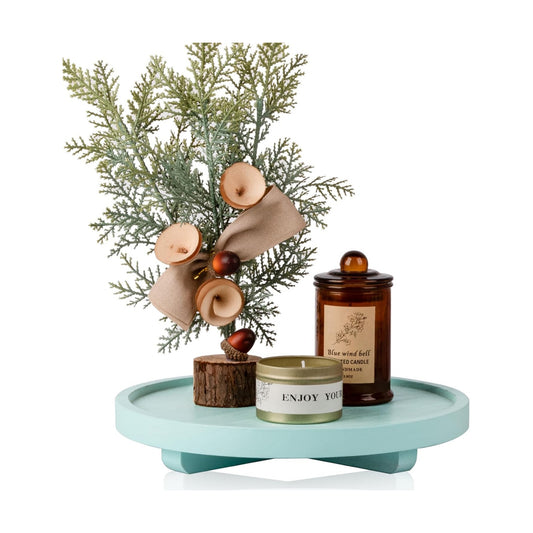 Round Decorative Tray Wood Bathroom Counter Organizer Farmhouse Kitchen / Light Blue / Set of 10