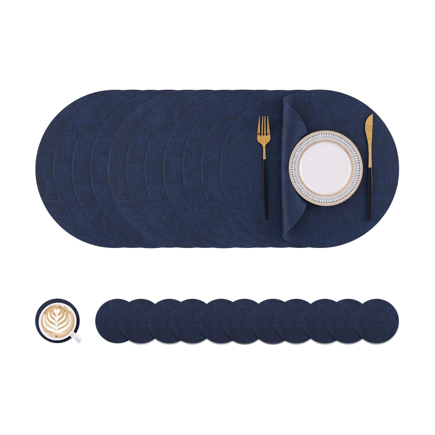 Homaxy Round Faux Leather Placemats and Coasters, Set of 12, Navy Blue | Washable Dual-side Table Mats, Wipeable Place