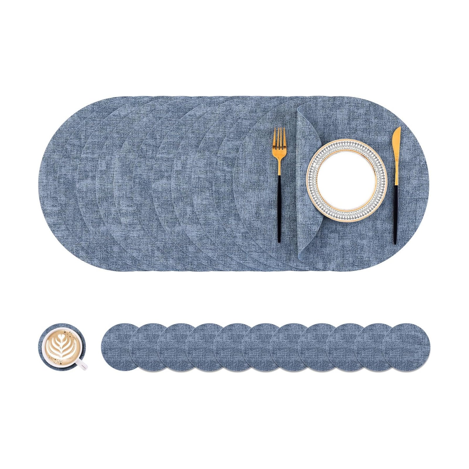 Homaxy Round Faux Leather Placemats and Coasters, Set of 12, Blue | Washable Dual-side Table Mats, Wipeable Place Mats