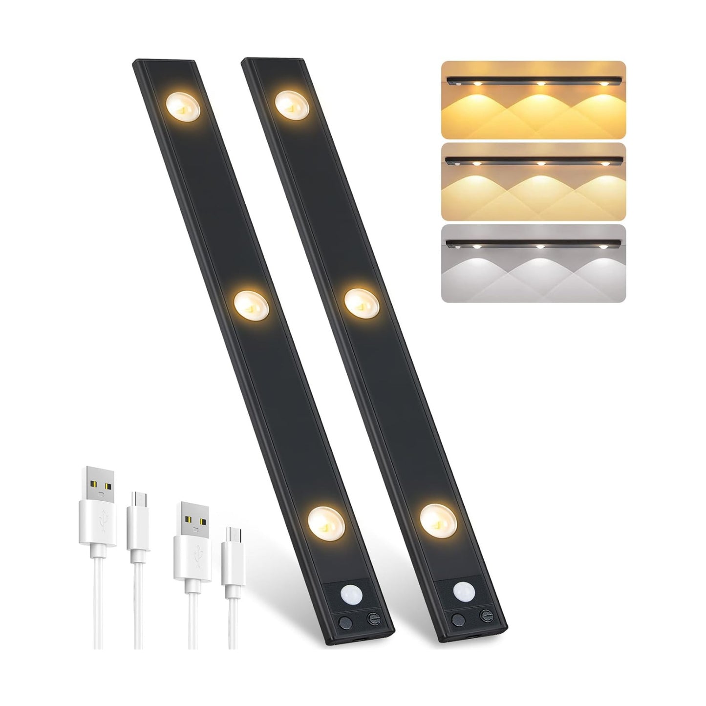 Under Cabinet Light Rechargeable Motion Sensor Dimmable 2 Pack, Black | 3-Color Dimmable Under Counter Lights with