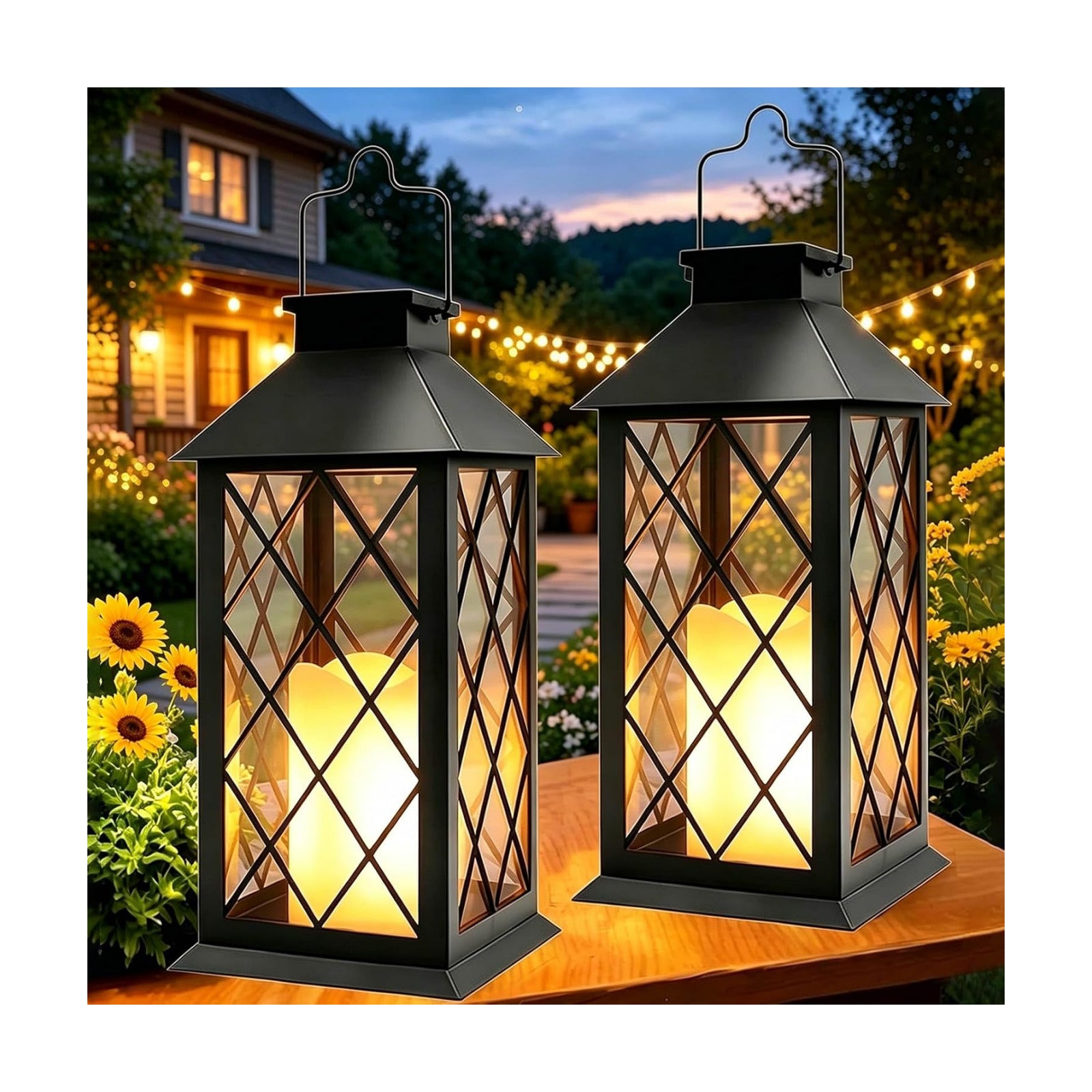 2 Pack 9" Medium Tempered Glass Solar Lanterns Outdoor Waterproof | Hanging Solar Lights with Flickering Flameless