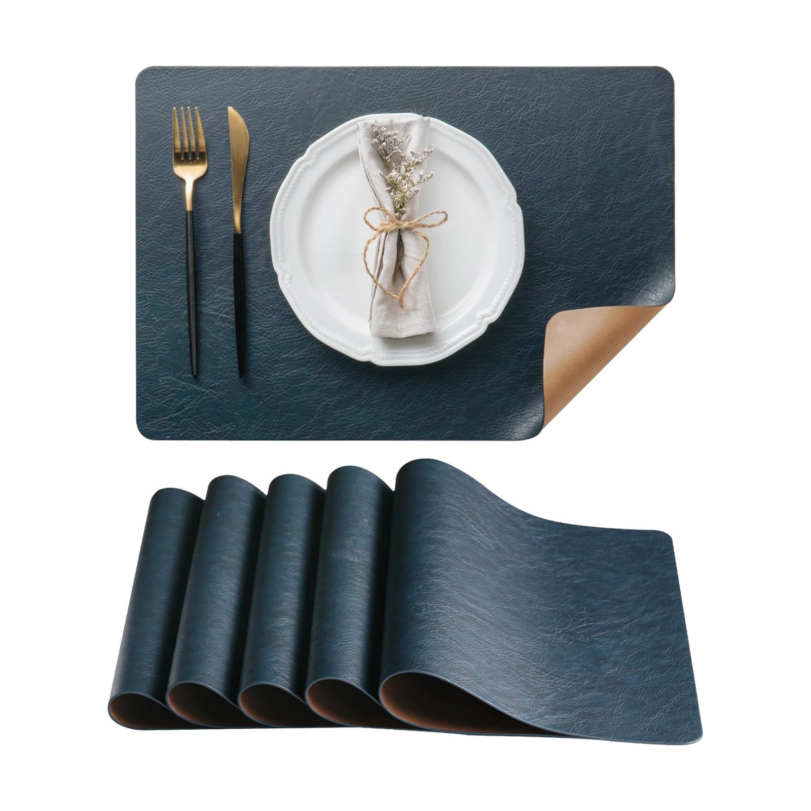 DOLOPL Placemats Set of 6, Reversible Dual-Color Faux Leather Place Mats | Camel & Navy Blue, Wipeable & Washable, Heat