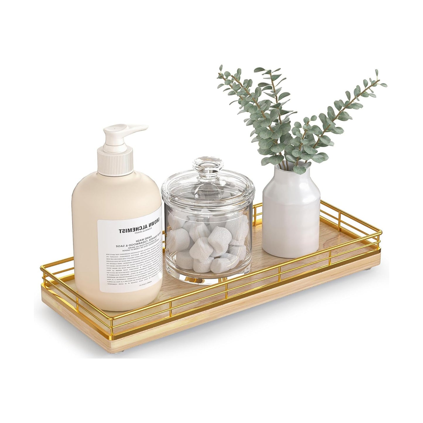 Oak Wood Vanity Tray / Gold & Oak / 11 x 4.5 x 1.5
