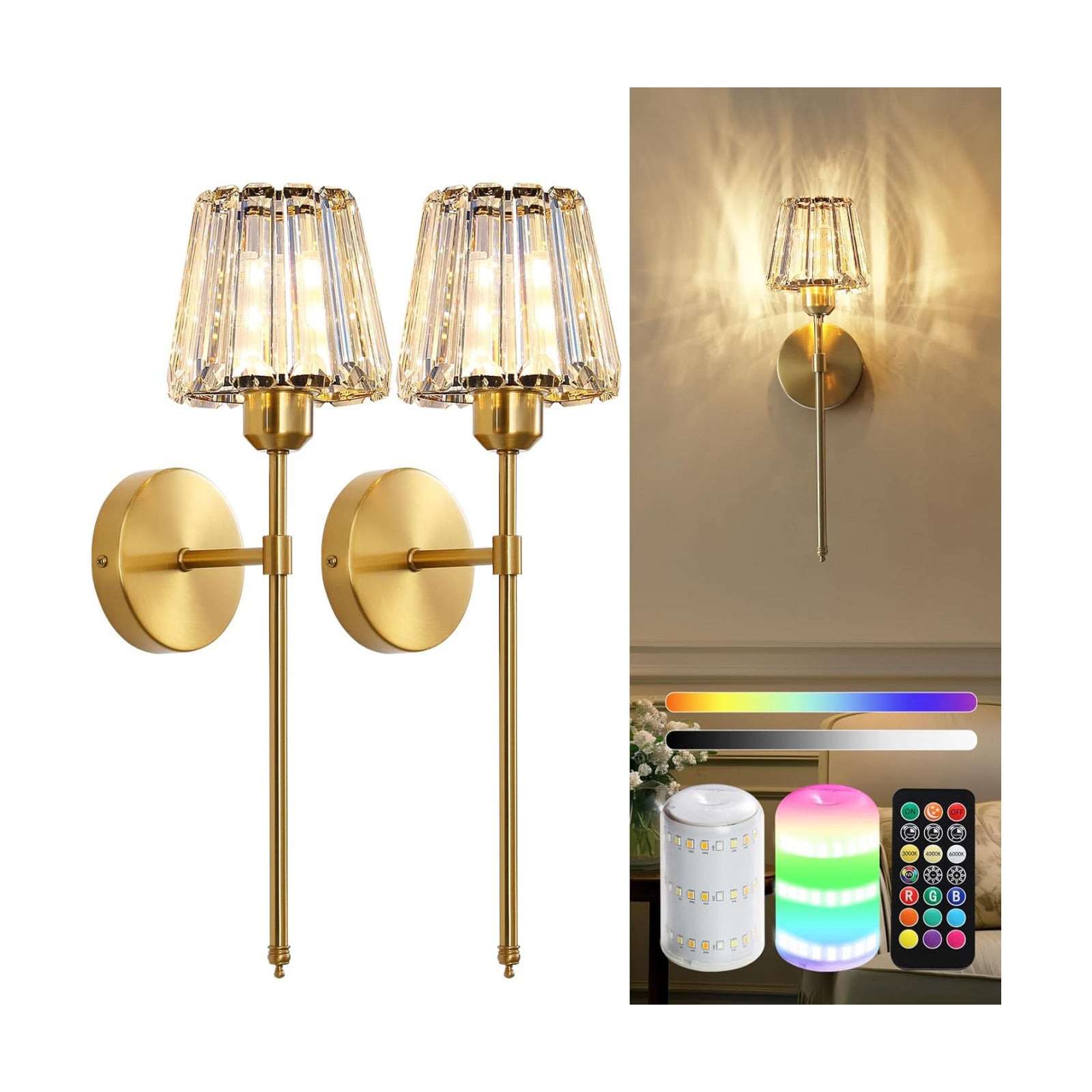 Battery Operated Crystal Wall Sconce Set of 2, Gold Rechargeable Wireless Wall Sconces with Remote Dimmable 12 Colors