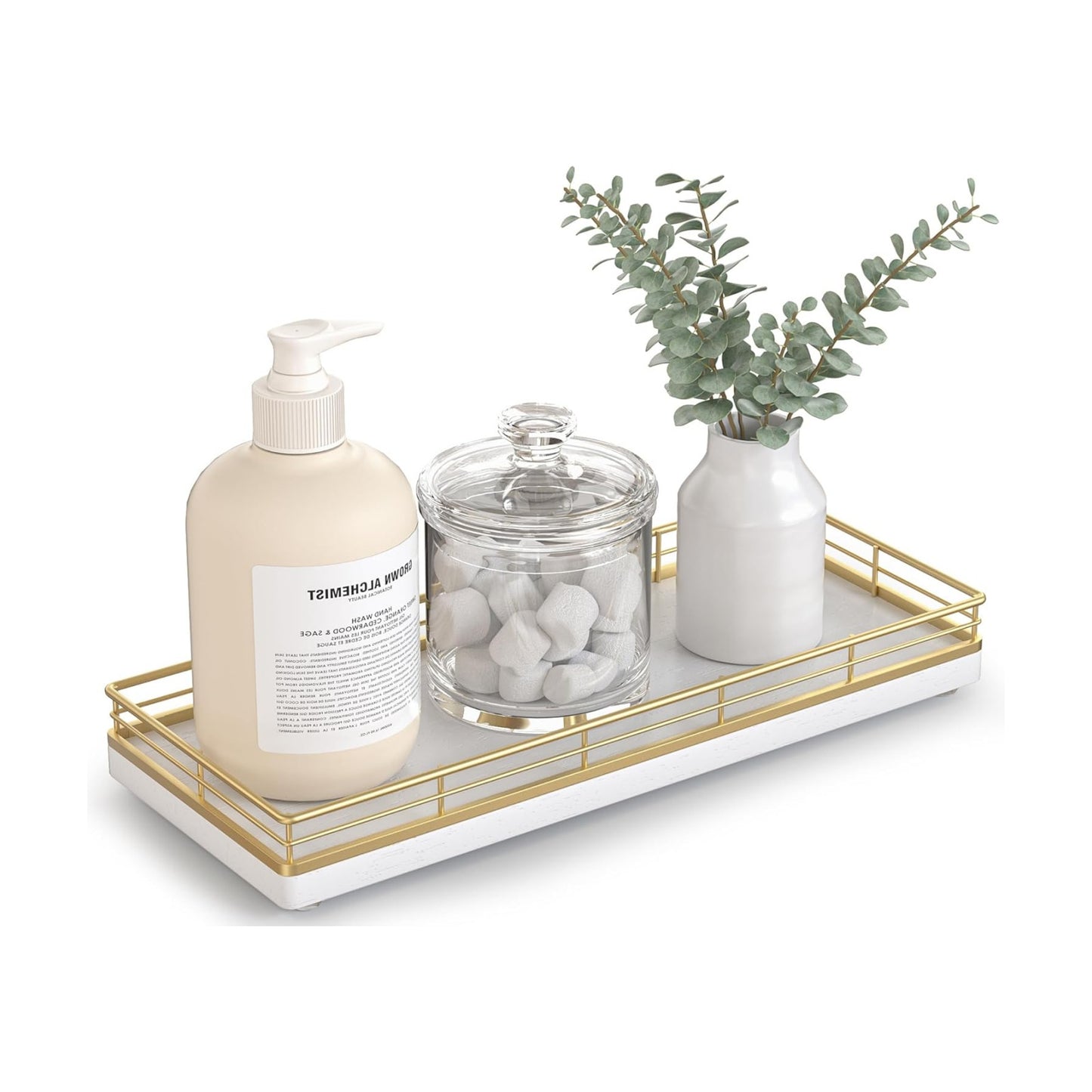 Oak Wood Vanity Tray / Gold & White / 11 x 4.5 x 1.5