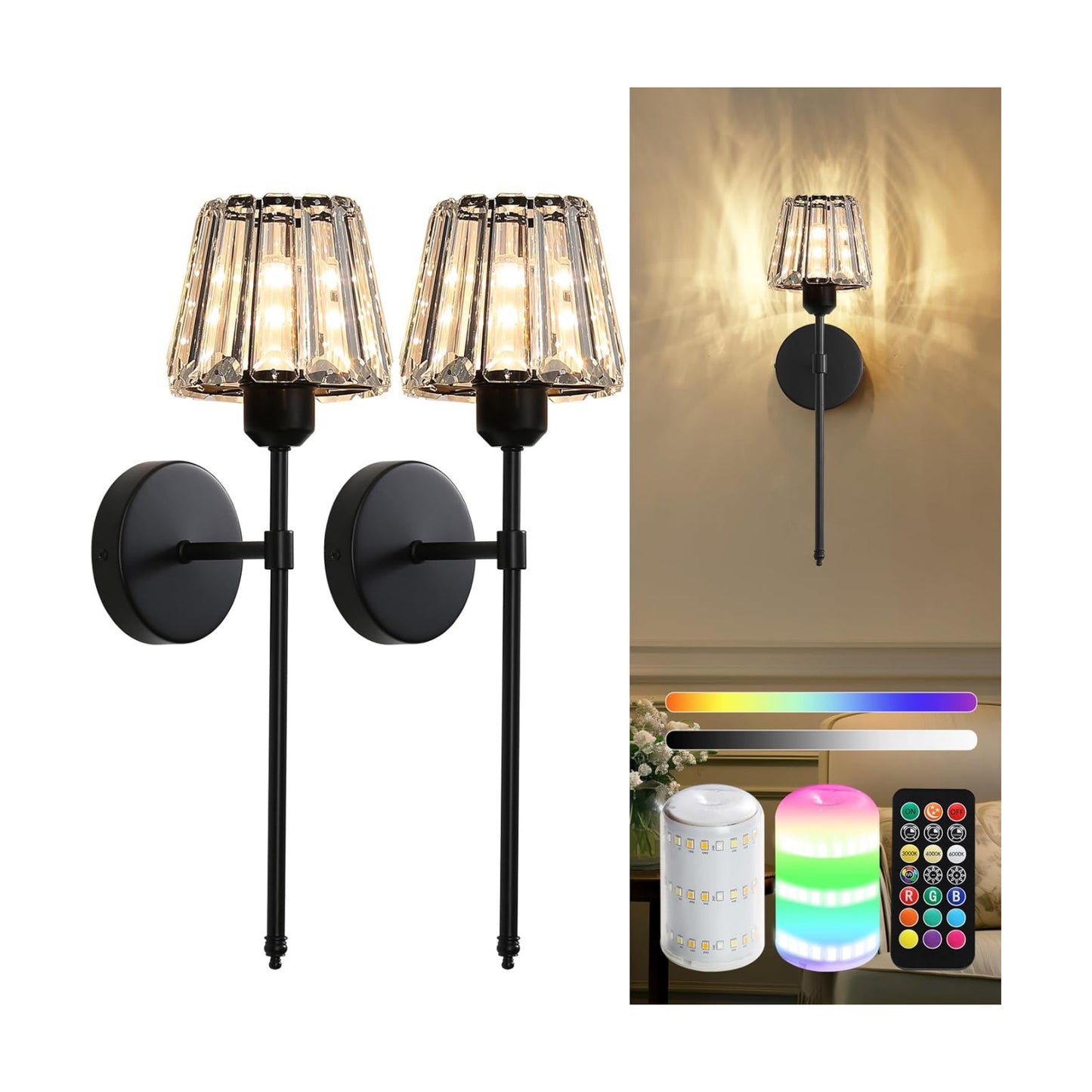 Battery Operated Crystal Wall Sconce Set of 2, Black Rechargeable Wireless Wall Sconces with Remote Dimmable 12 Colors
