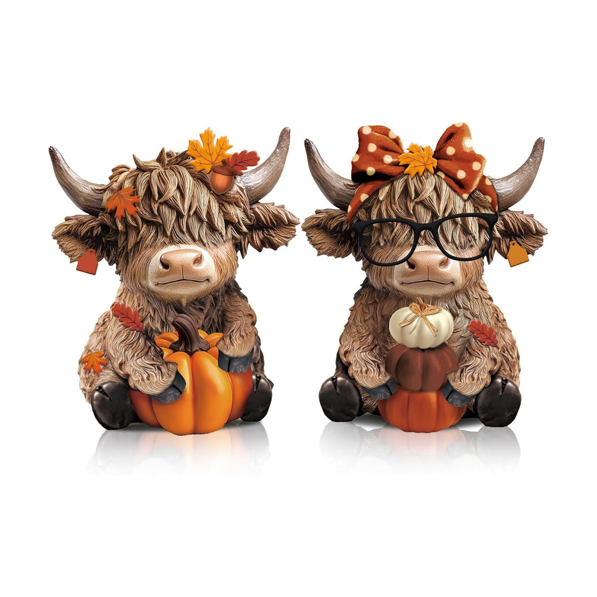 Karenhi 2 Pcs Fall Highland Cow Figurines Resin, Autumn Tabletop Decor