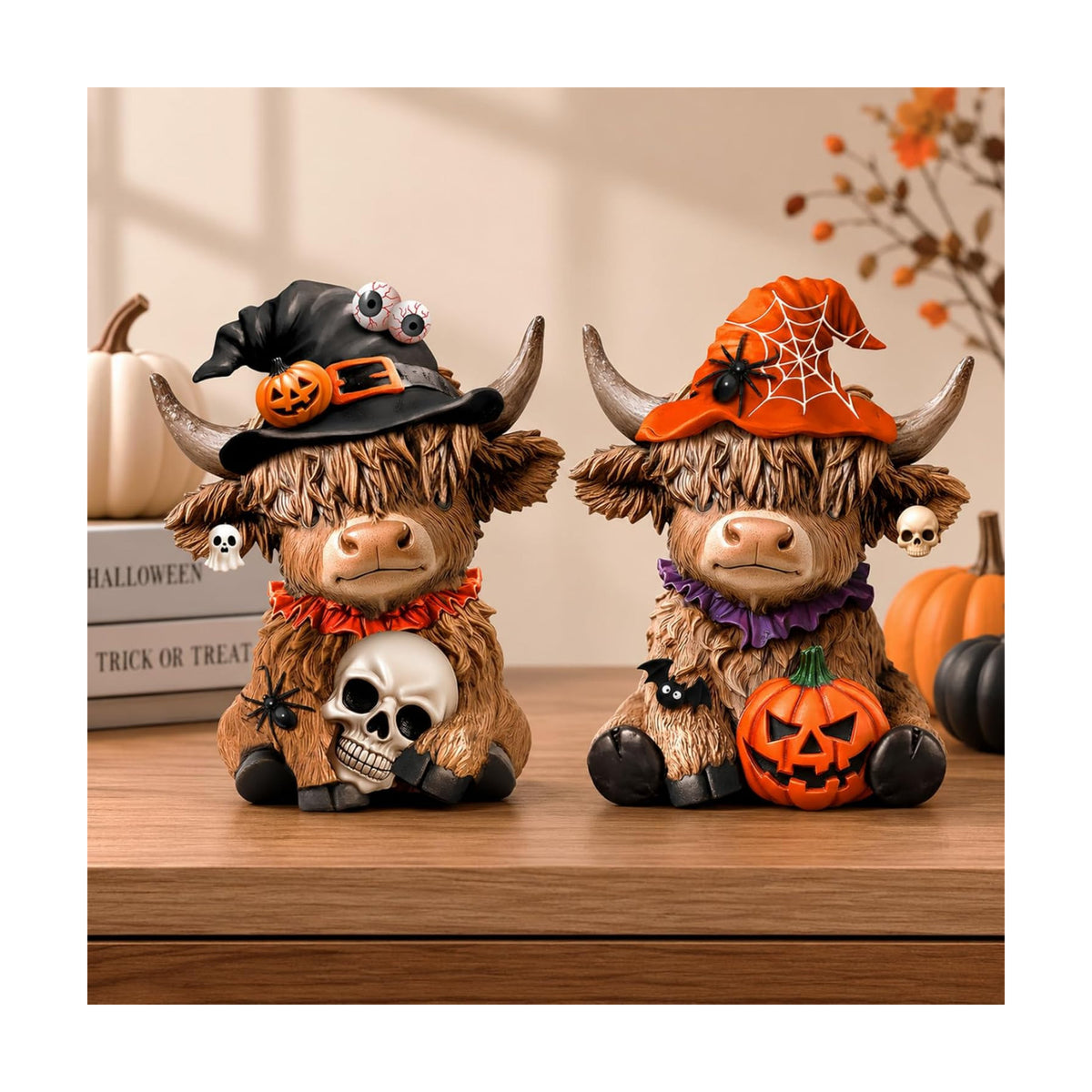 Karenhi 2 Pcs Highland Cow Figurines, Halloween Tabletop Statues Decor