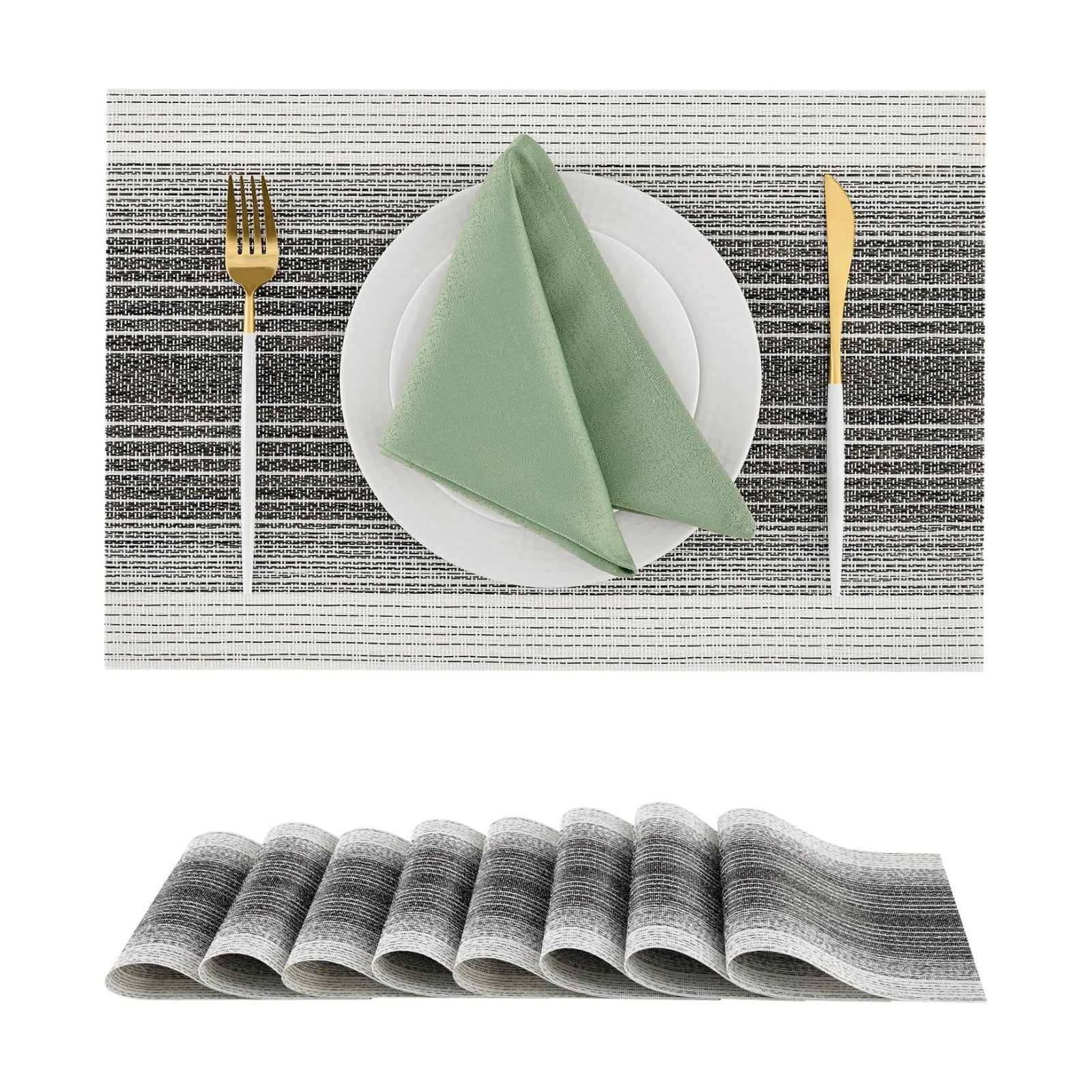 Leetaltree Woven Vinyl Placemats Set of 8,Black& White | Waterproof & Washable Dining Table Mats for Wedding