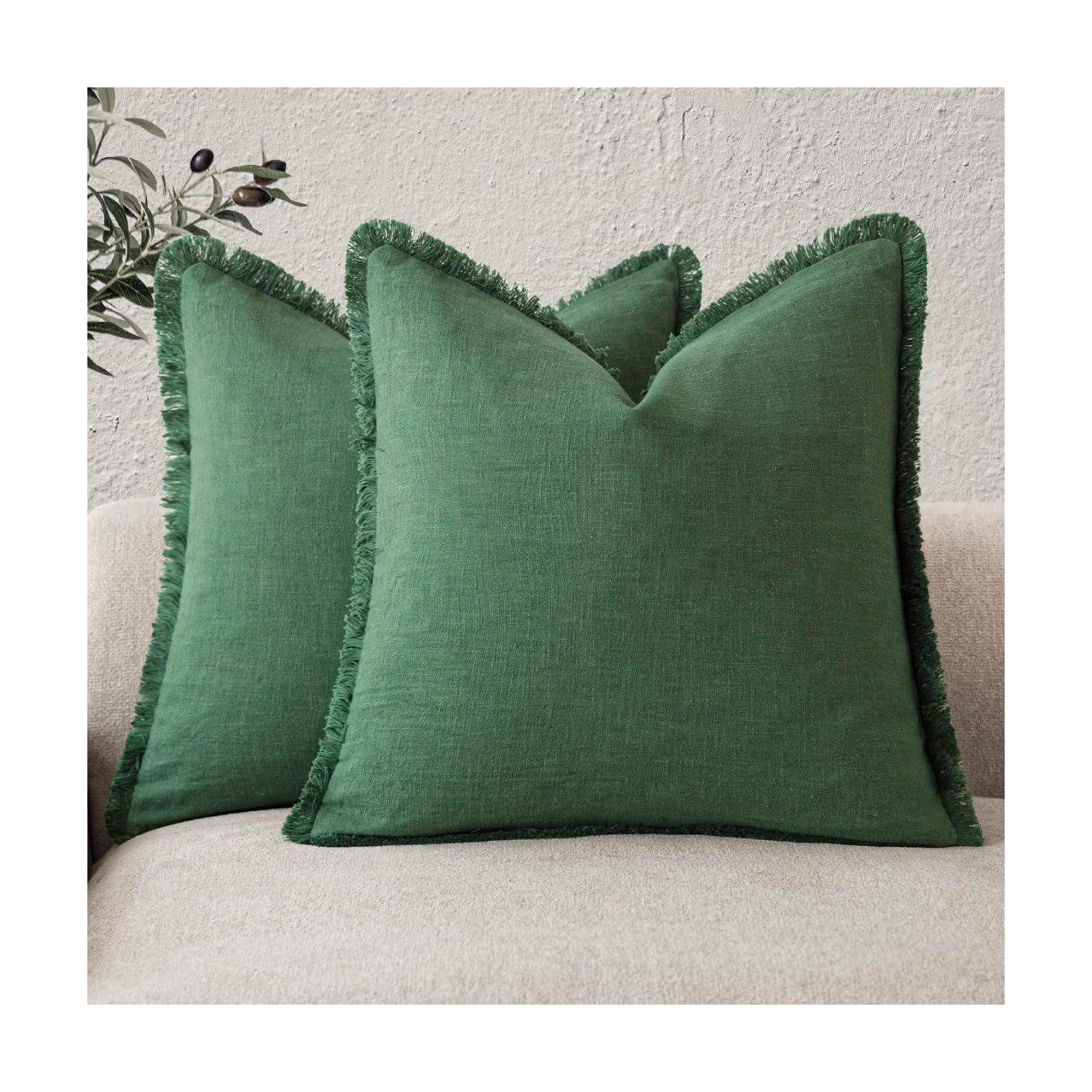 Decorative Linen Fringe Throw Pillow Covers Boho Farmhouse / 18 x 18 / Abundant Green / Set of 2