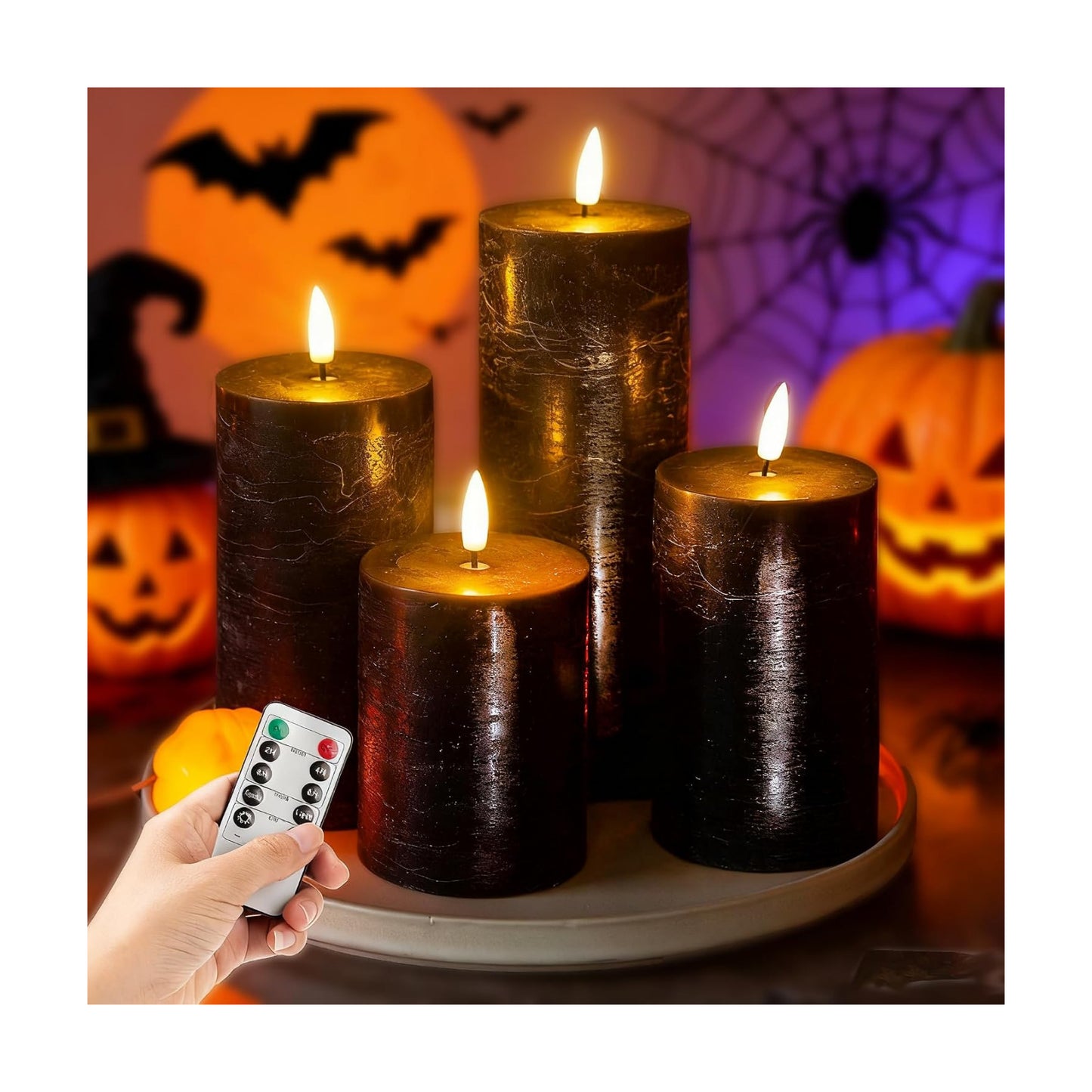 LUSHARBOR Halloween Flameless Candles, 4 Pack Battery Operated Halloween Candles with Remote, Wax LED Fake Pillar
