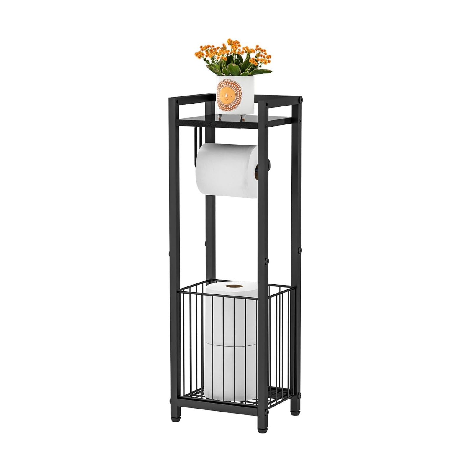 Narrow Side Toilet Paper Holder with Storage Shelf | Freestanding Roll Holder for Bathroom, Small Space, Bathroom