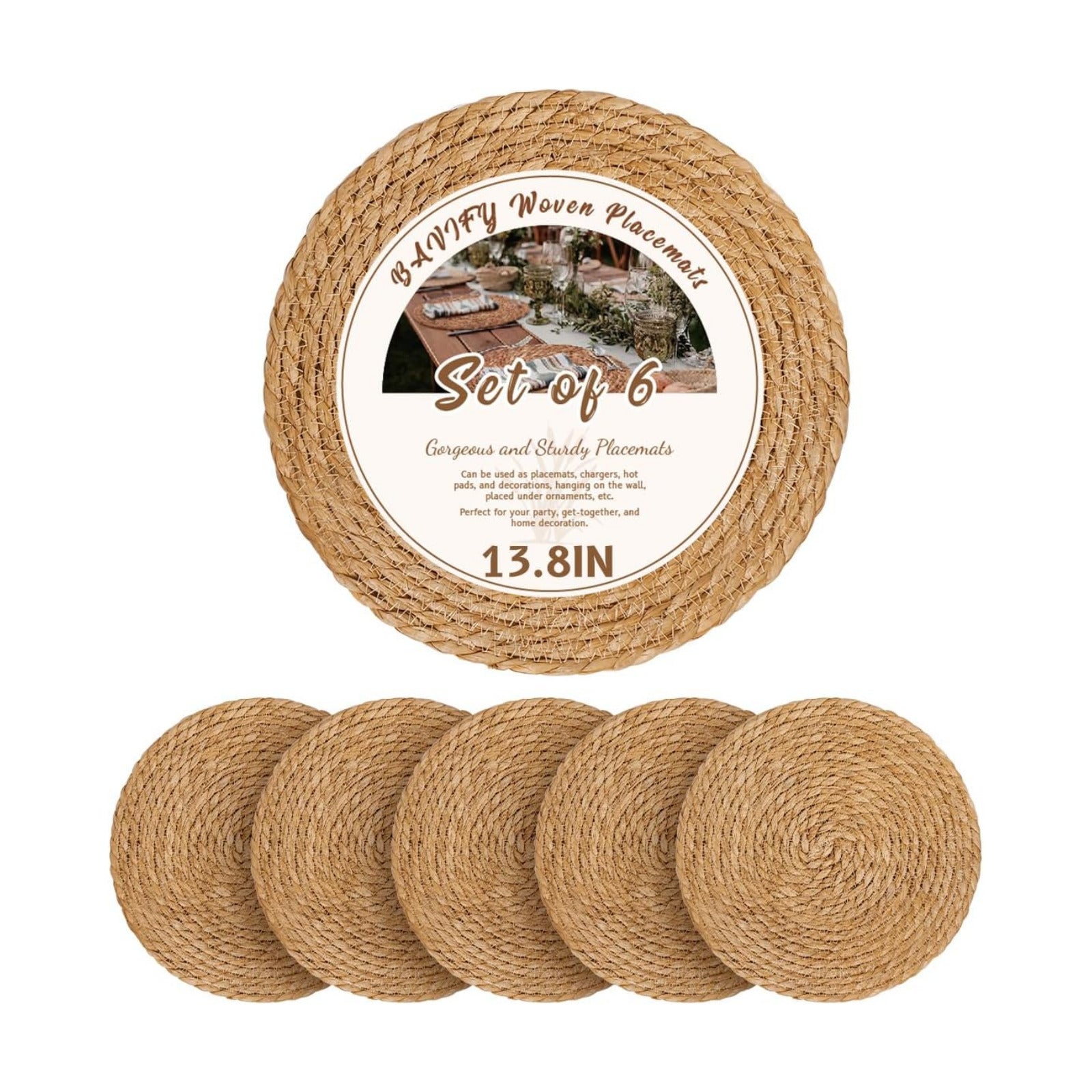 BAVIFY 13.8" Round Woven Placemats Set of 6, Table Mats for Dining Table | 13.8 Inch Place Mats Set of 6, Wicker Plate