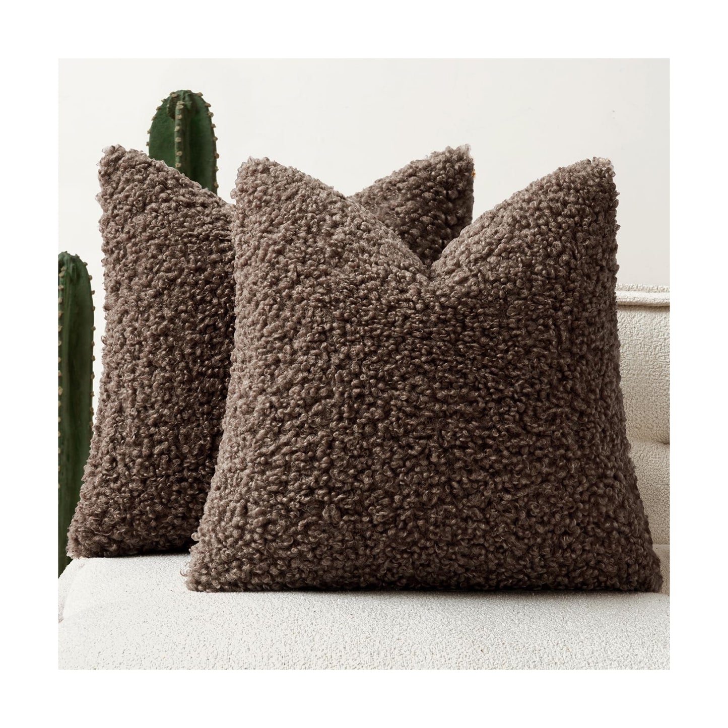Faux Fur Throw Pillow Covers Boucle Neutral Decorative Sherpa Fuzzy / 18 x 18 / Chocolate / Set of 2