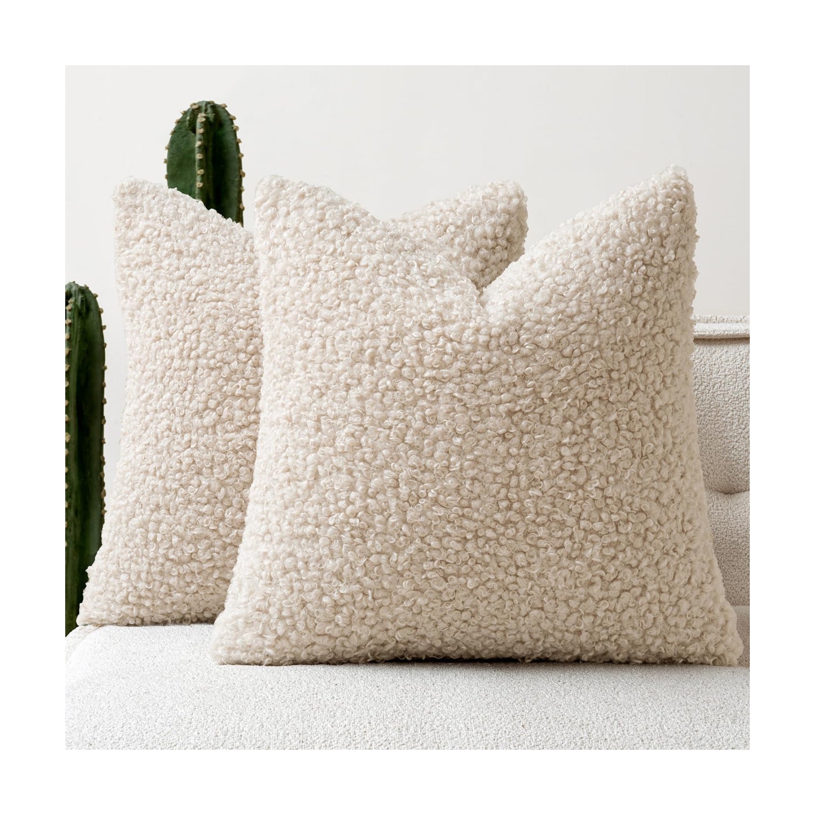 Faux Fur Throw Pillow Covers Boucle Neutral Decorative Sherpa Fuzzy / 18 x 18 / Beige / Set of 2