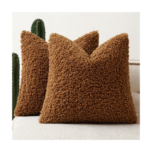 Faux Fur Throw Pillow Covers Boucle Neutral Decorative Sherpa Fuzzy / 18 x 18 / Brown / Set of 2