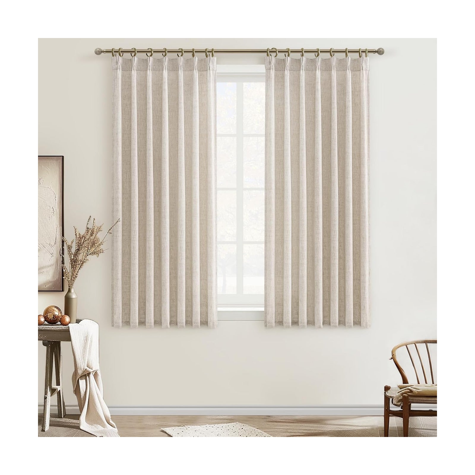 Pleated Natural Linen Kitchen Small Window 45 Inch Curtains Over Sink, Petty Light Filtering Pinch Pleat Cream Beige