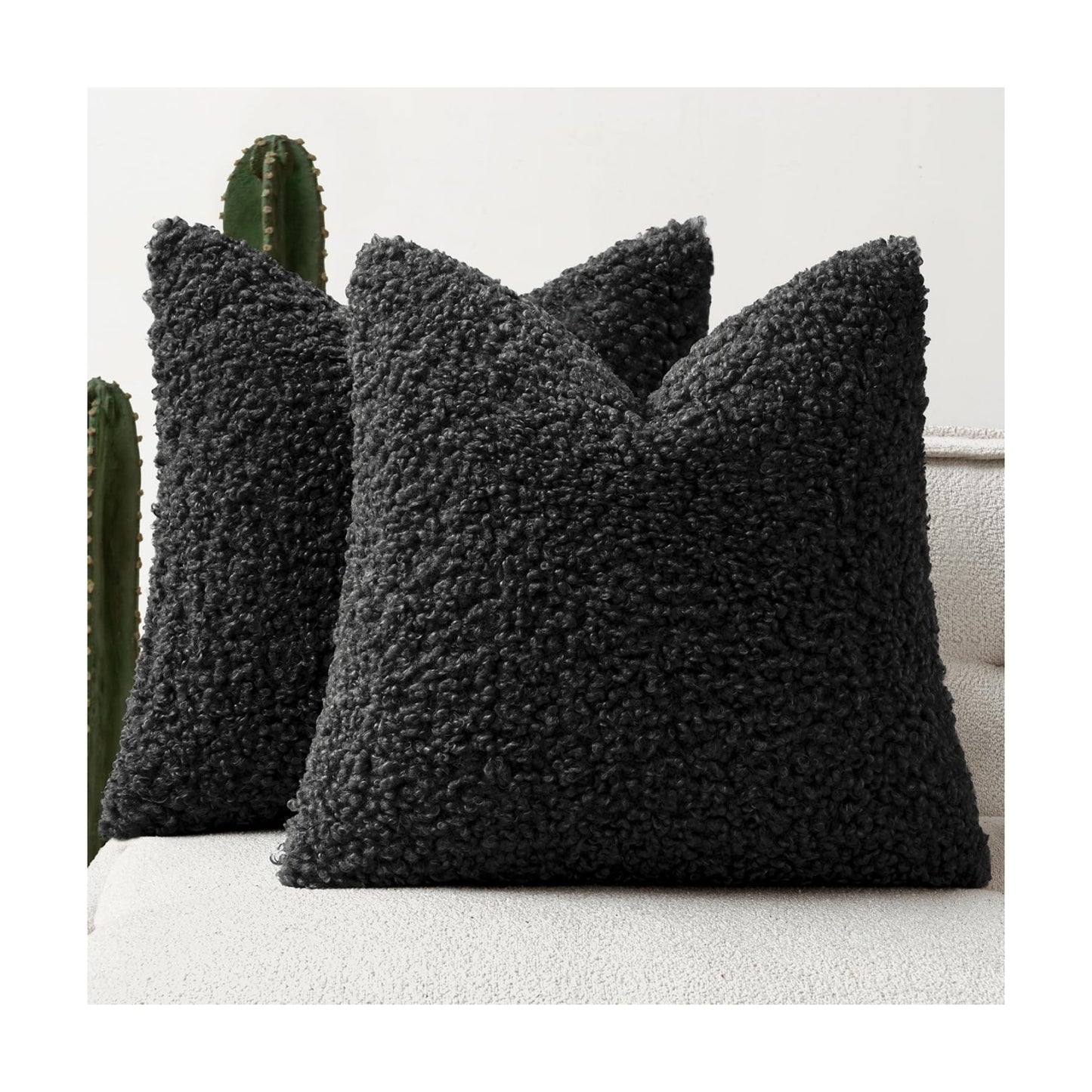 Faux Fur Throw Pillow Covers Boucle Neutral Decorative Sherpa Fuzzy / 18 x 18 / Black / Set of 2