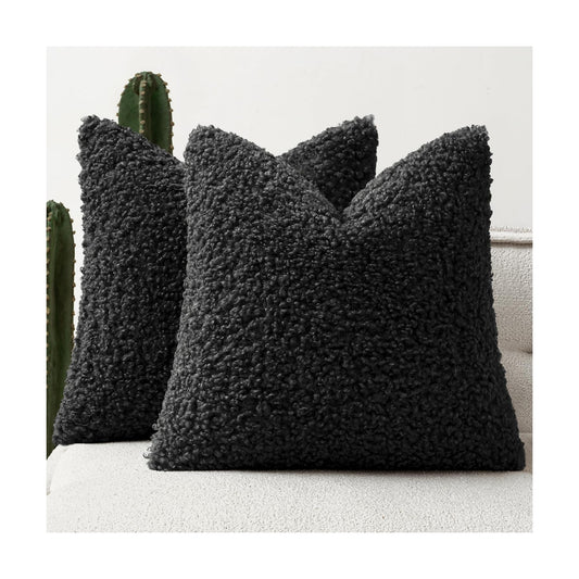 Faux Fur Throw Pillow Covers Boucle Neutral Decorative Sherpa Fuzzy / 18 x 18 / Black / Set of 2
