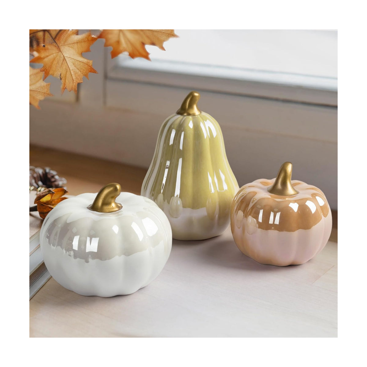 AELS Modern Ceramic Pumpkins Fall Decor Indoor, Cozy Farmhouse Tabletop Decorations, Artificial Pumpkins Decor for Fall Table Runner, Office, Holiday Party Home, Set of 3 Neutral Tones