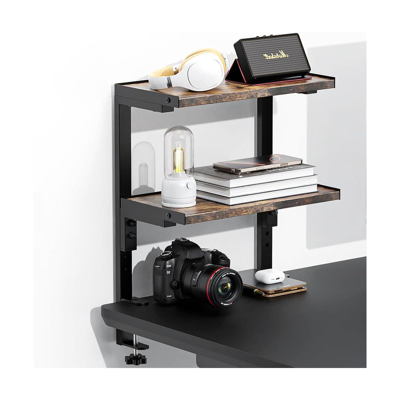 Spacrea Clamp on Desk Shelf, 2 Tier Office Desk Shelves Organizer, Wood Desktop Supplies Storage Rack, Desk Organizers