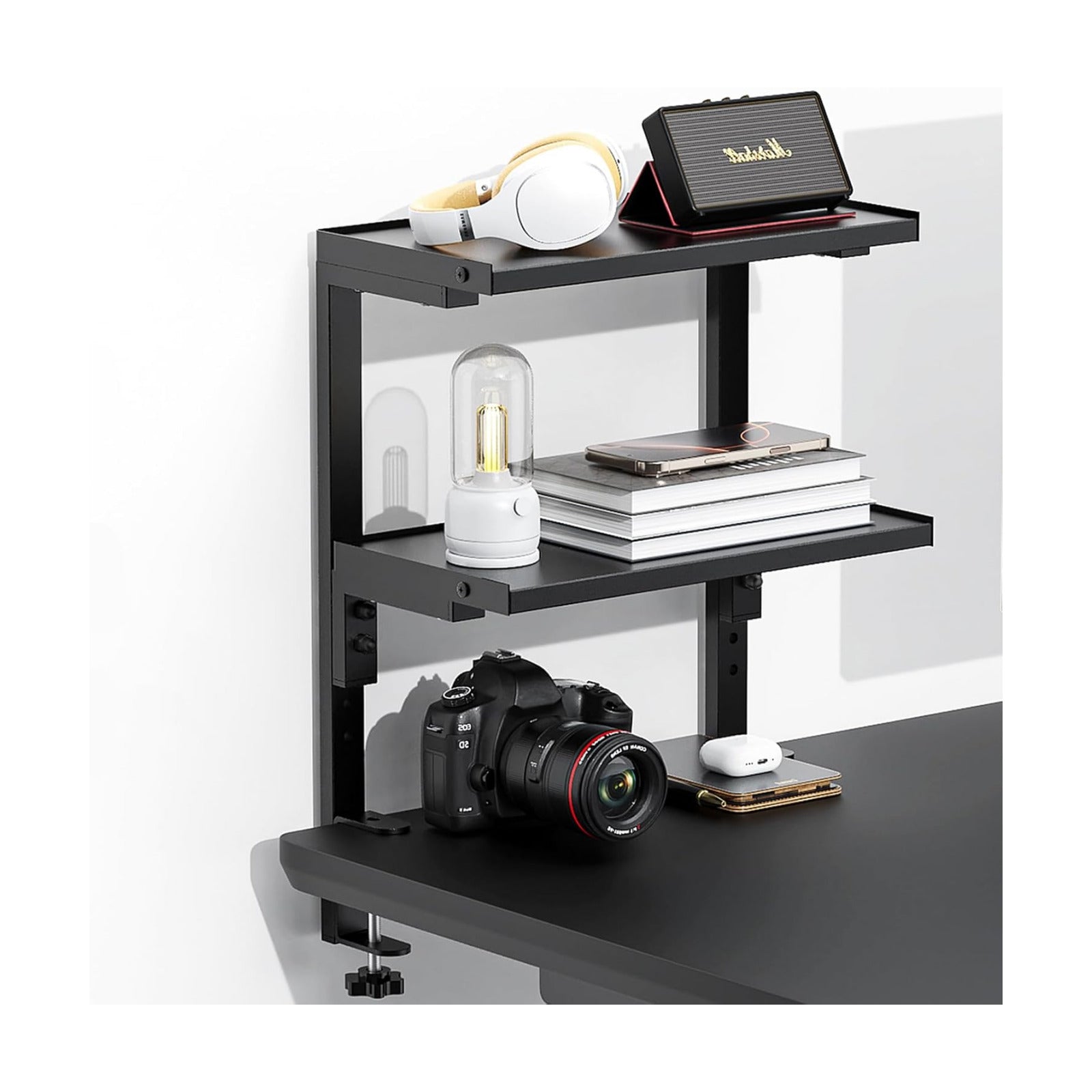 Spacrea 2 Tier Clamp on Desk Shelf | Office Desk Shelves Organizer, Wood Desktop Supplies Storage Rack, Desk Organizers