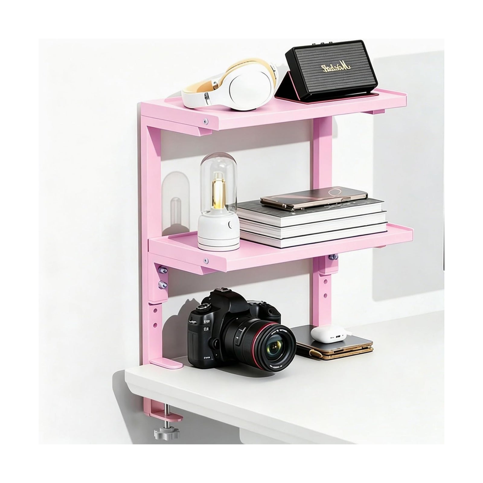 Spacrea Clamp on Desk Shelf, 2 Tier Office Desk Shelves Organizer, Wood Desktop Supplies Storage Rack, Desk Organizers