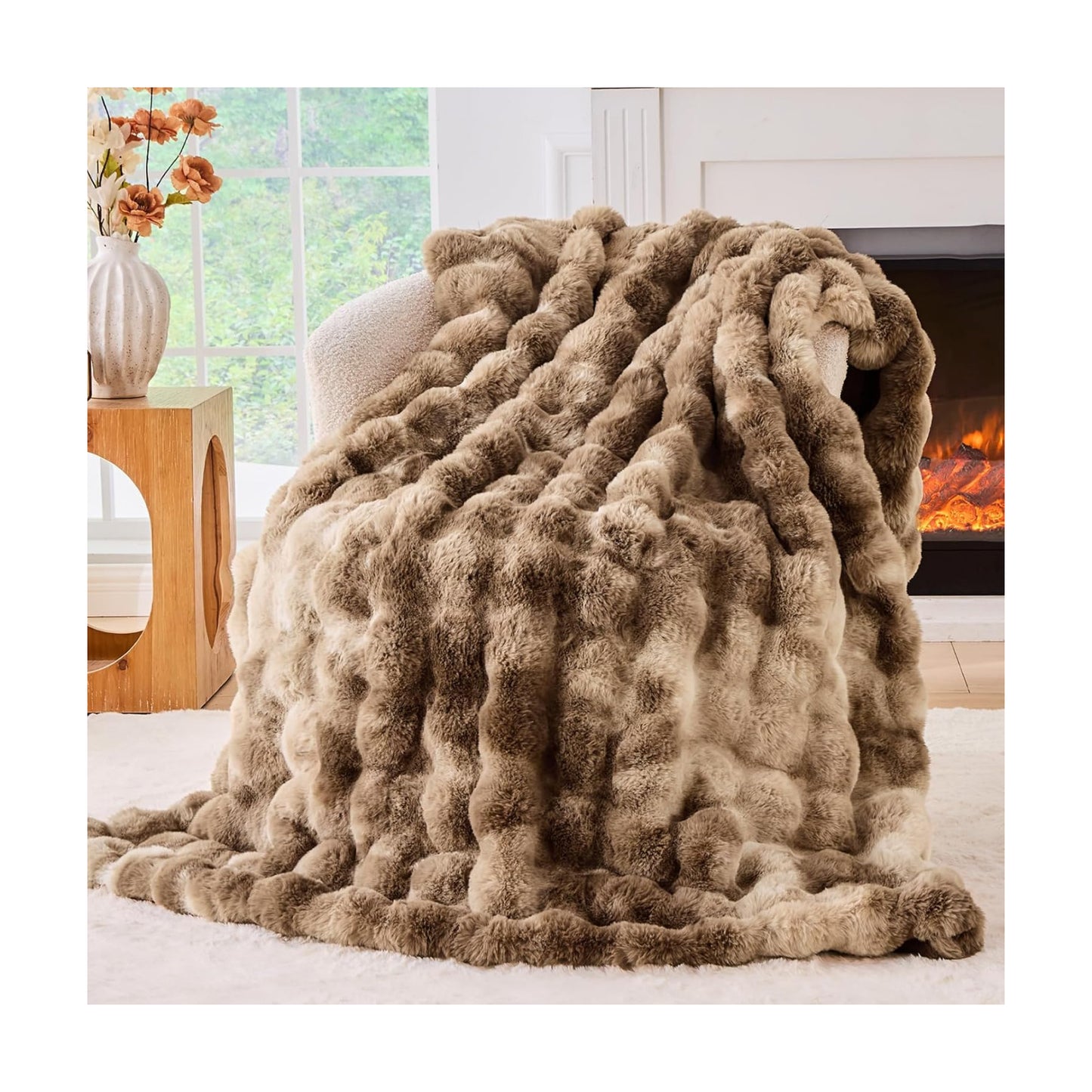 BENVWE Fluffy Faux Fur Throw Blanket for Couch - Soft, Plush, Thick, Cozy, Fuzzy Luxury Minky Bubble Blanket for Home
