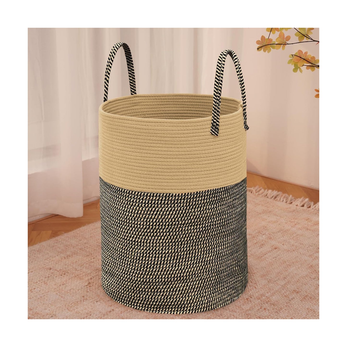 Large Woven Laundry Basket Hamper / Brown and Black / 60L