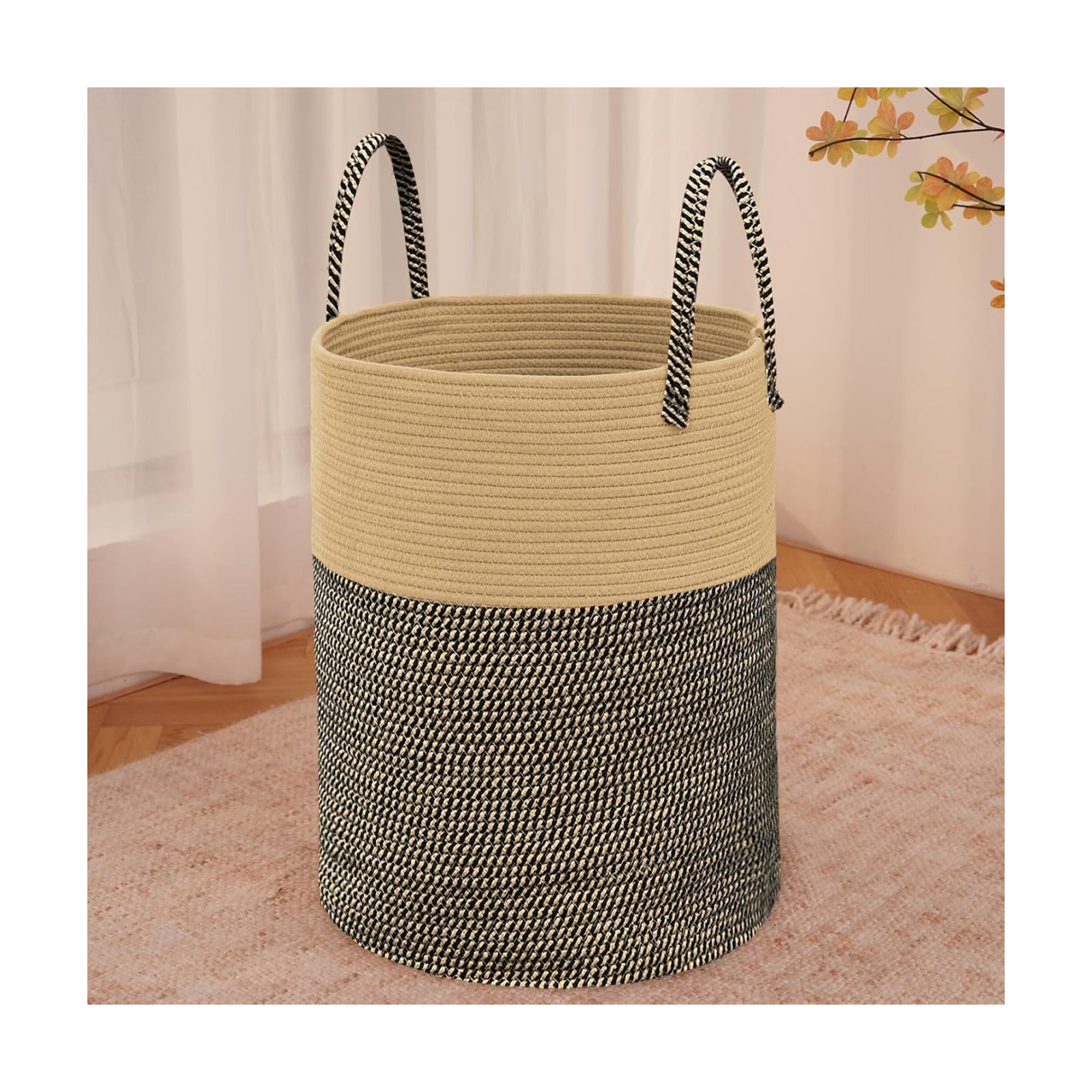 Large Woven Laundry Basket Hamper / Brown and Black / 60L