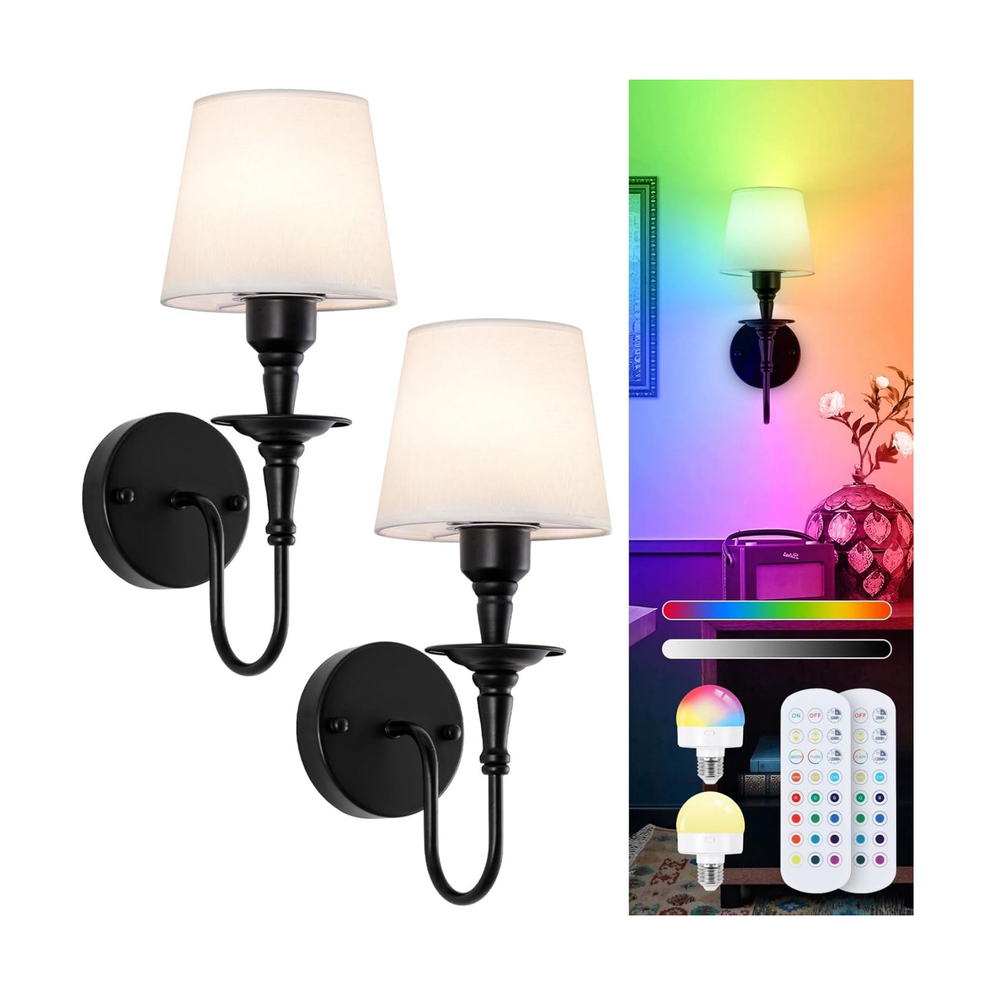 Vintage Wall Sconces Set of 2, Wireless Wall Lamp with RGB Rechargeable Dimmable Bulbs, Black Battery Operated Wall