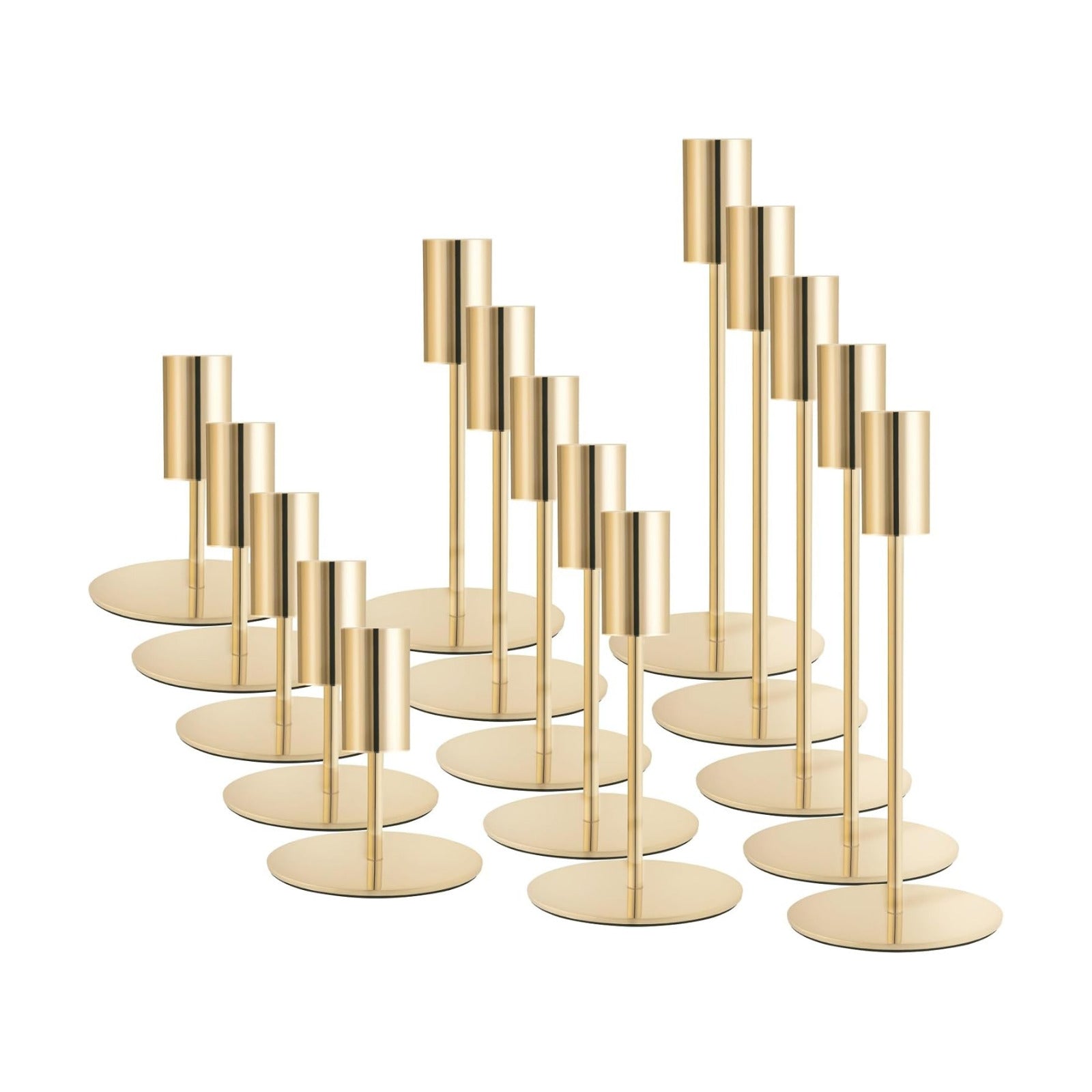 Gold Candlestick Holders Bulk, Taper Candle Holders 15Pcs, 3 Heights | Modern metal taper holders with stable bases for