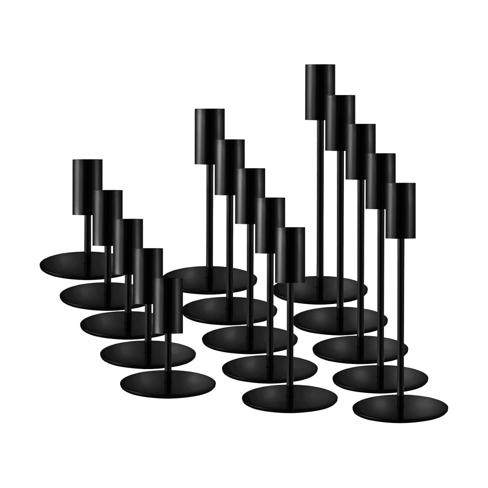 Black Candlestick Holders Bulk, Taper Candle Holders 15Pc, 3 Heights | Modern metal decor with stable round bases for