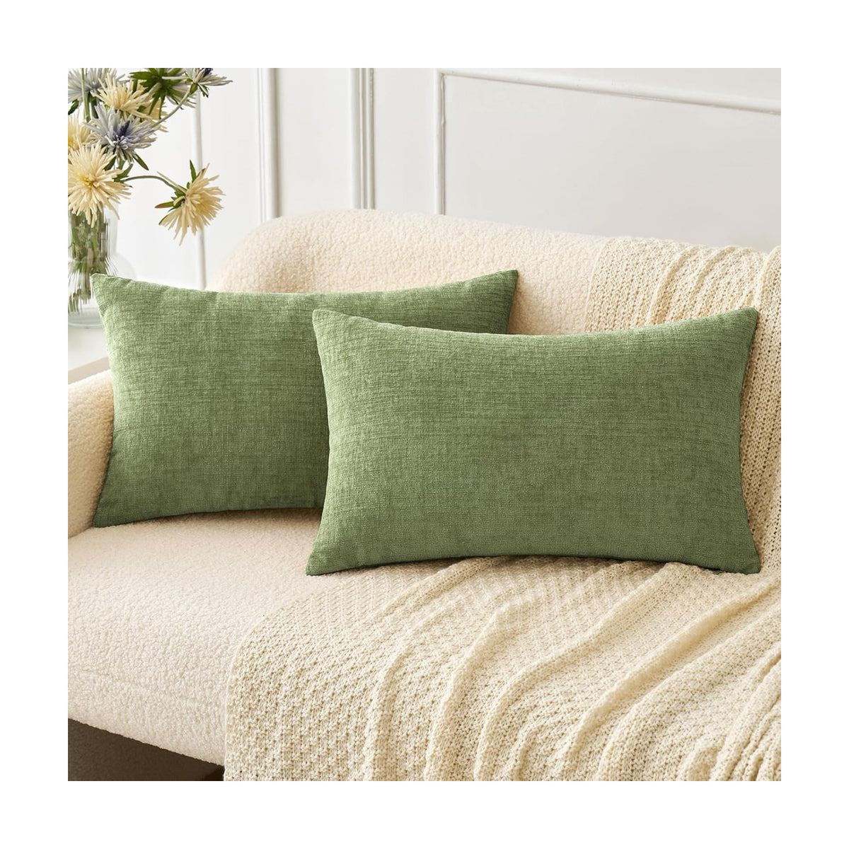 MIULEE Soft Chenille Lumbar Throw Pillow Covers Sage Green 14x22 Pack of 2